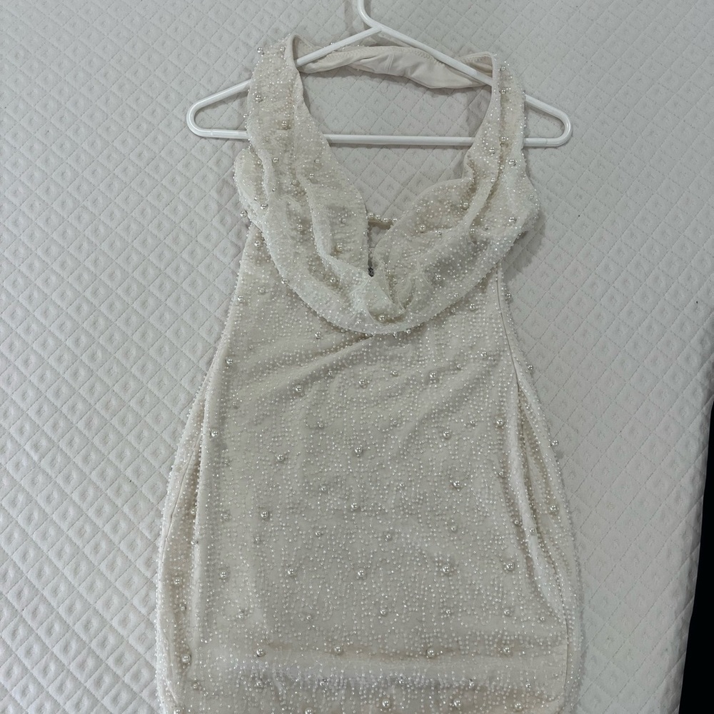 Deep Plunge Embellished Mini Dress in White - Oh Polly bridal dress